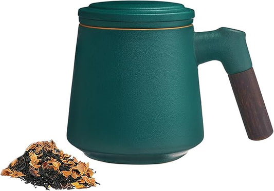 ZENS Tea Cup with Infuser and Lid, 11 oz Ceramic Steeper Mug for Loose Leaf Tea Lovers Gifts, Wood Handle Tea Strainers Green