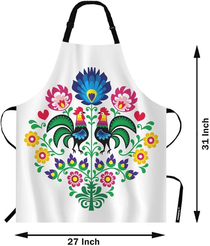 WONDERTIFY Roosters Apron,Polish Folk Pattern with Roosters and Floral Bib Apron with Adjustable Neck for Men Women,Suitable for Home Kitchen Cooking Waitress Chef Grill Bistro Baking BBQ Apron