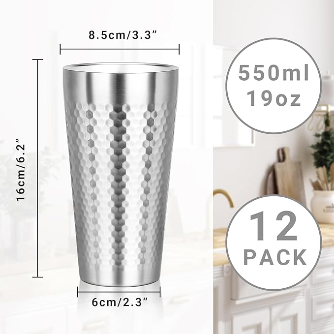 Metal Cup, 19 oz Insulated Tumbler, 12 Pack Double Wall Unbreakable Stackable Water Tumblers Premium Insulated Stainless Steel Cups Drinking Glasses for Home Travel Camping Outdoor