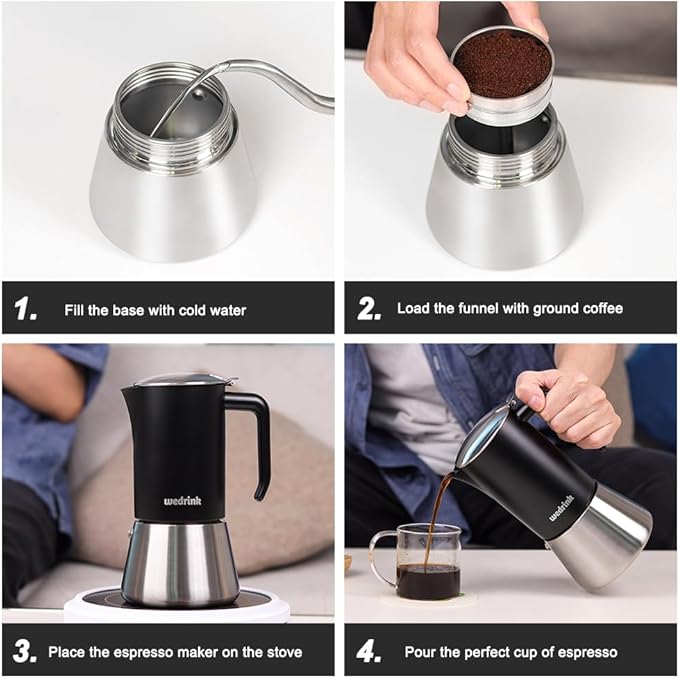 wedrink Premium 304 Stainless Steel Moka Pot, 6 Cup Stovetop Espresso Maker, Induction & All Stovetops Compatible