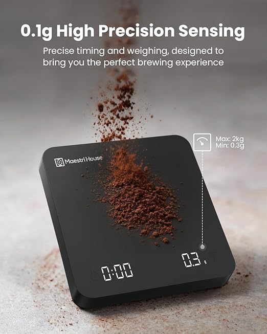 Maestri House S1 Air Espresso Scale with Timer, 0.1g Precision Coffee Scale with Auto Tare, 3 Smart Brew Modes, Ultra-Slim 0.63" Low-Profile, Rechargeable Digital Scale for Espresso & Pour Over