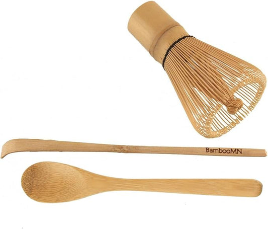 BambooMN Matcha Whisk Set - Golden Chasen (Tea Whisk), Chashaku (Hooked Bamboo Scoop), Tea Spoon - 10 Sets