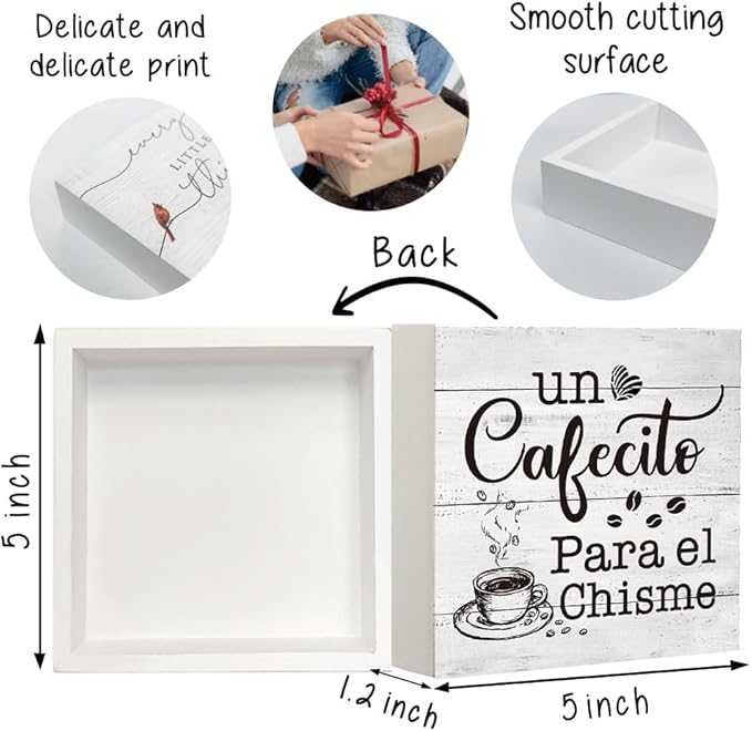 un Cafecito Para el Chisme Funny Spanish Coffee Bar Sign, 5x5 Rustic Farmhouse Wooden Coffee Decor for Kitchen, Home Office, Coffee Lovers Gift