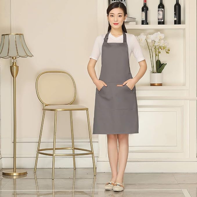 NEWGEM Adjustable Canvas Aprons for Women Men with 2 Pockets - Kitchen Cooking Chef Apron with Neck Strap, Stain Resistant Pinafore for Waitress Barista Restaurant Baking BBQ (Gray) - Image 2
