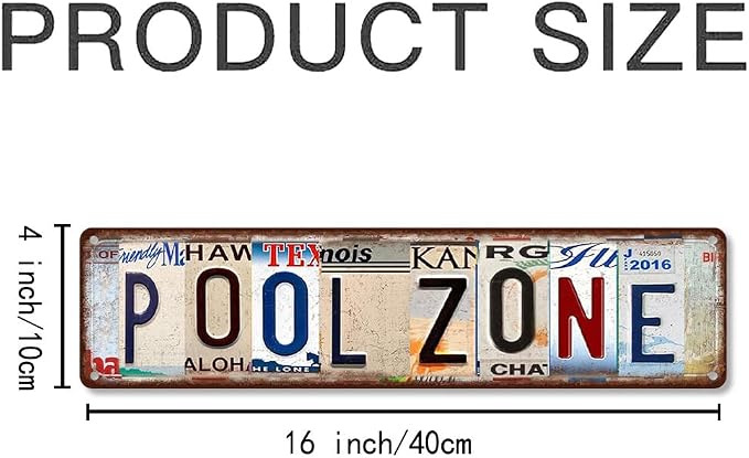 Vintage License Plate POOL ZONE Sign – 16x4 Inch Rustic Tin Wall Décor for Backyard Pool, Patio, Hot Tub, Cabana or Outdoor Swimming Area - Image 2