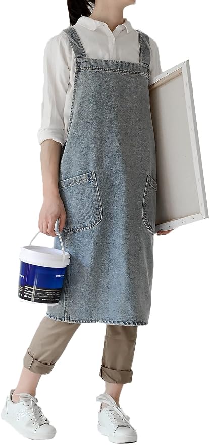 Cotton Denim Apron Soft - Unisex Adjustable Bib Apron with 5-Pockets Perfect for Kitchens by Tobyan
