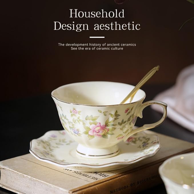 8 oz Vintage flower Ceramic cup and 6" saucer set with Brand customized stainless steel spoon Gifts for Afternoon Tea Coffee Hour (D)