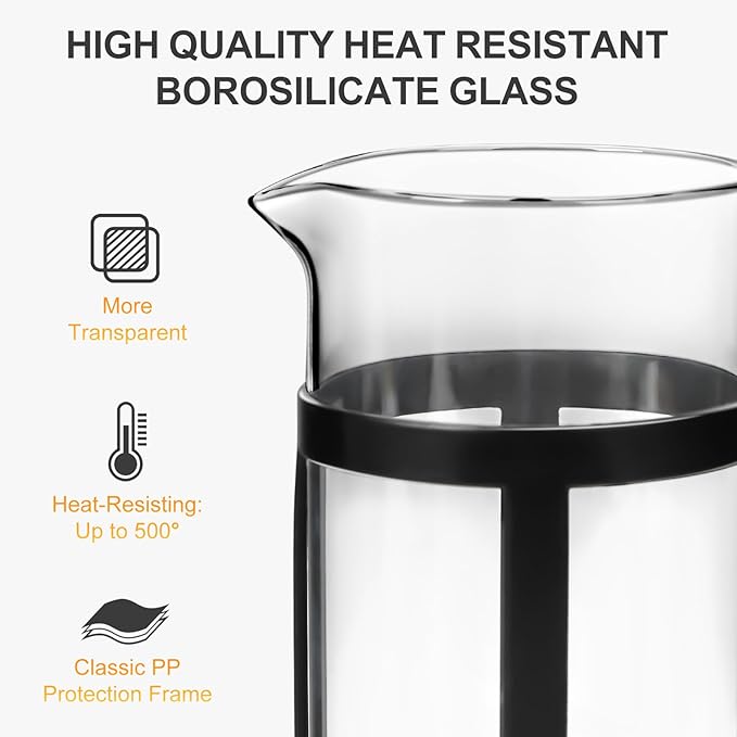 Mini French Press Coffee Maker, Heat Resistant Thickened Borosilicate Classic Glass Stainless Steel Coffee Press, 12OZ Heat Cold Brew Coffee Pot Tea Press for Kitchen Travel Camping，Black