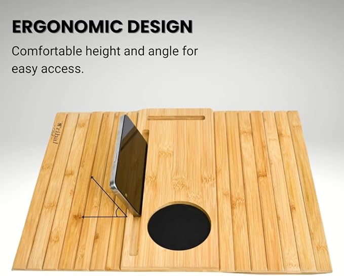 Bamboo Sofa Arm Tray, Couch Armrest Tray - Natural Bamboo Design Couch Armrest Table Caddy for Snacks, Drinks, Remote, Cups | Flexible & Foldable (Natural Bamboo)