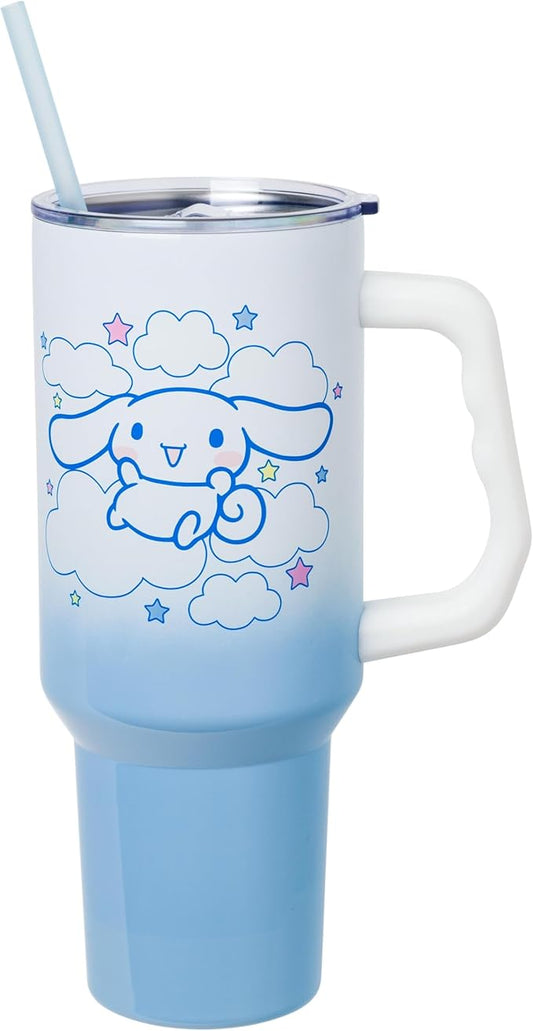Silver Buffalo Sanrio Hello Kitty and Friends Featuring Cinnamoroll in Stars and Clouds Double Walled Stainless Steel Tumbler with Handle and Straw, Fits in Standard Cup Holder, 40 Ounces