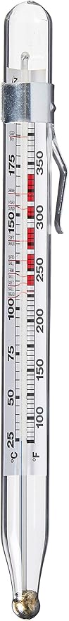 CDN Candy & Deep Fry Thermometer | 8" Durable Lab Glass | Non-Mercuric, Dual-Scale | 75–400°F Range | For Candy Stages, Deep Frying, Oil, Jelly, Sugar | Pot Clip Mount | TCF400