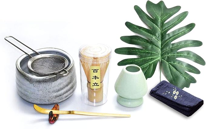 Artcome Japanese Matcha Tea Set, Matcha Whisk, Traditional Scoop, Matcha Bowl, Ceramic Whisk Holder, Handmade Ceremony Kit (7 Pcs)