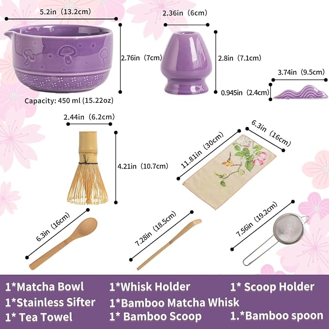 Matcha Set, 8-Piece Ceramic Matcha Bowl & Whisk Kit with Mushroom Pattern, Traditional Japanese Chawan, Bamboo Chasen, Scoop & Sifter, Gift for Tea Lovers, Zen Tea Ceremony Accessories (Purple;)