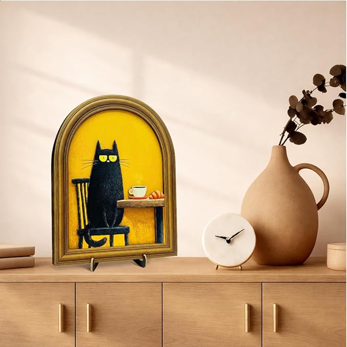 3D Funny Black Cat Coffee Wall Art Sign, Cute Cat with Coffee and Croissant Decor Sign for Kitchen Dining Room Cafe Table Wall Desk Decor 8x10 Inch