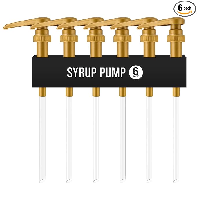 6-Pack Gold Plastic Bottle Syrup Pumps – Fits 750ml / 25.4 oz Bottles – Compatible with Torani & More – IMPORTANT: Will Not Fit Glass Bottles – Coffee Syrup Dispenser by VIGORPATH