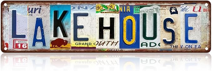 Vintage License Plate LAKE HOUSE Sign – 16x4 Inch Rustic Tin Wall Décor for Cabin, Cottage, Vacation Home, Patio or Waterfront Retreat by SARAHEVE
