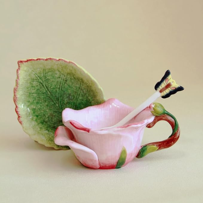 Ceramic Tea Cup and Saucer Set ，6OZ 3D Hand-Painted Flower and Lotus Leaf Coffee Mug，Gift for Women- Pink Rose