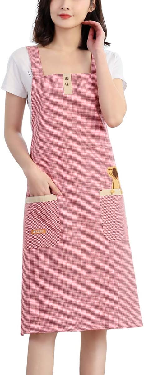 NEWGEM 100% Cotton Cute Gingham Apron with Pockets - Korean Style H-Back Pinafore for Women Baking, Pastry Chef (Pink Doggy) by NEWGEM