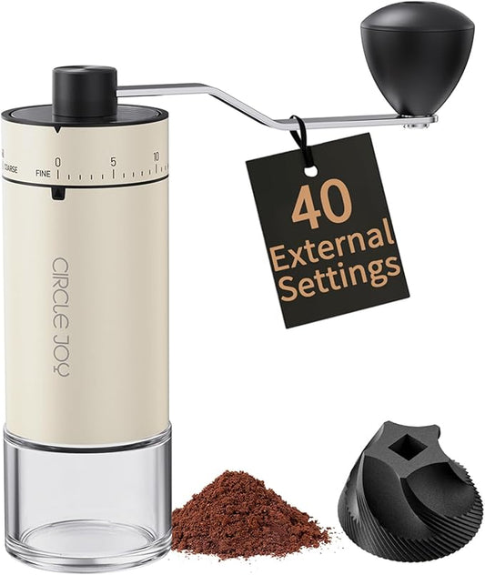 CIRCLE JOY Manual Coffee Grinder with 40 External Adjustable Settings and Ceramic Conical Burr, Portable Stainless Steel Hand Coffee Grinder for Home, Camping, Travel