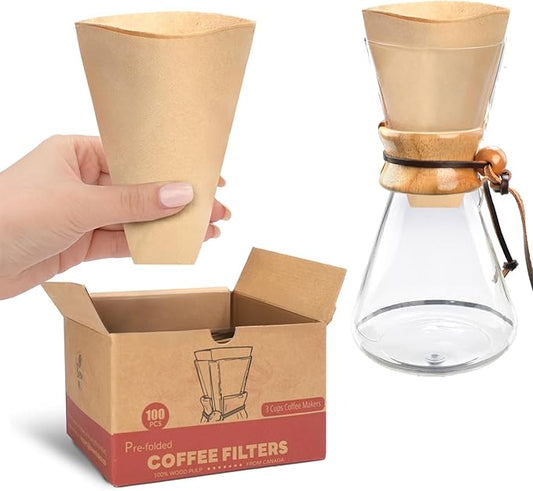 Pre-folded Unbleached Cone Coffee Filters 100 Count, Natural Upgraded 30% Thicker Paper Compatible with 1-3 Cup Chemex Pour over Coffee Maker