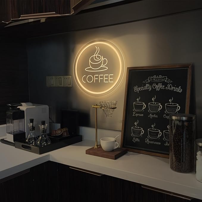 Dimmable Coffee Neon Sign - Vintage Cafe Wall Art, Warm White LED Light for Coffee Bar, Kitchen Decor, Events Backdrop, Perfect Barista Gift (USB Powered and Cup Shape Design)