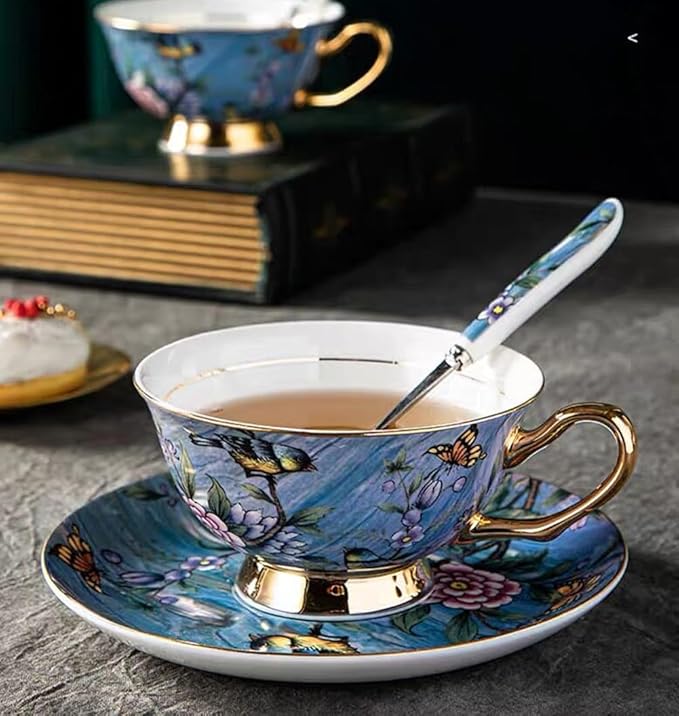 YBK Tech Euro Style Cup& Saucer Set Art Bone China Ceramic Tea Coffee Cup for Breakfast Home Kitchen- Birds and Trees Patterns (Blue Purple)