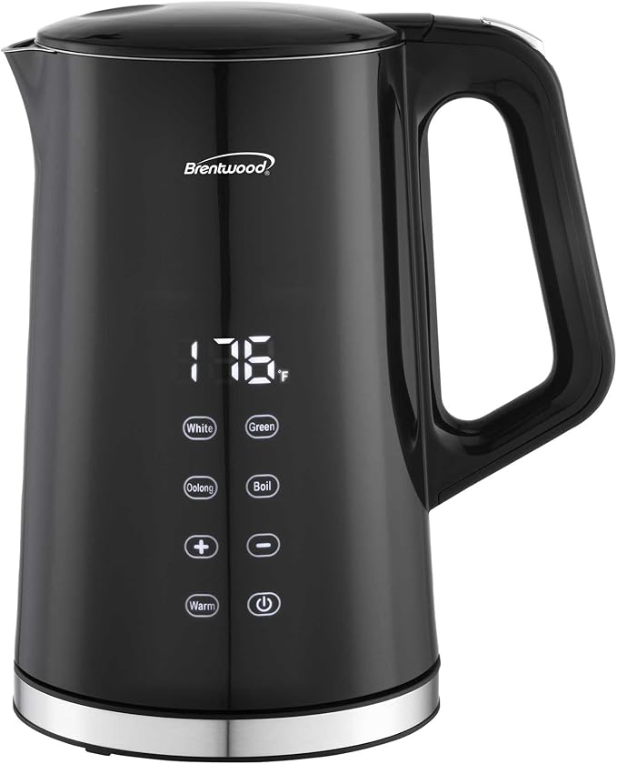 Brentwood 1100W 1.7L Cordless Cool Touch Digital Kettle with Stainless Steel Interior, Temperature Control with 4 Presets, 360° Base, Auto Shut-Off, Keep Warm, & Boil Dry Protection (Black, 7.2 Cups)