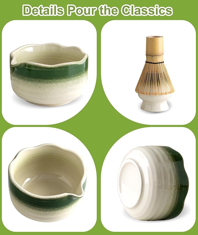 JBER Matcha Whisk Set, Ceramic Matcha Set Includes Bowl, Matcha Whisk (Chasen) and Holder, Sifter, Bamboo Scoop, Spoon & Rest - 7 Pcs Matcha Kit Set for Matcha Lovers & Beginners, Gradient Green