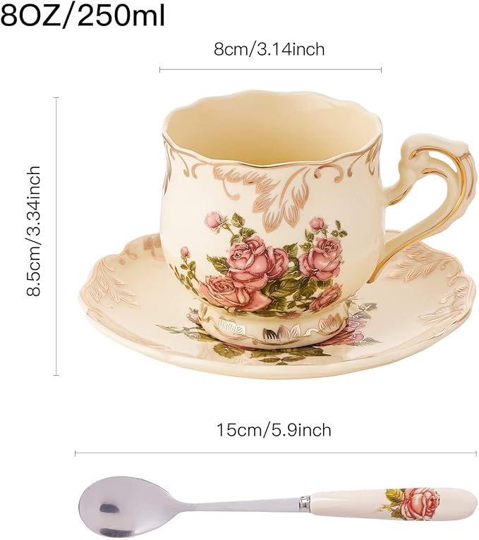 Tea Cups and Saucers Set of 2, 8 Oz Ivory Rose Floral Porcelain Teacup and Saucer Set with Spoon, Vintage Tea Cups with Gold Trim, European Style (Pink Rose)