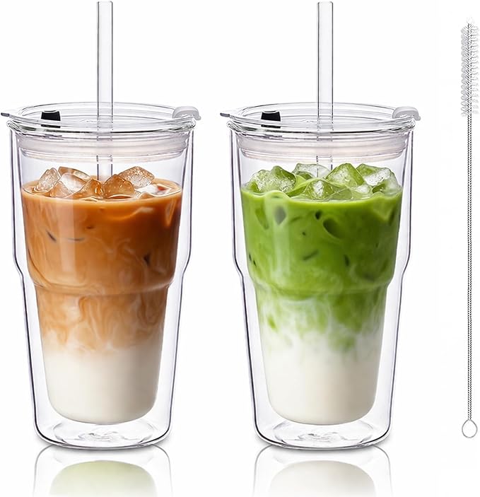 KEMORELA 16oz Clear Glass tumbler with Lids and Straws 2pcs,Double Wall Iced Coffee Cups with Lids,Coffee Bar Accessories, Insulated Borosilicate Glass Tumblers, To Go Coffee Cups, Spill proof