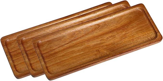 Small Wooden Tray (11.3 x 4.1 inch) 3 Pack, Rectangular Mini Serving Tray for Coffee Tables, Dessert, Snack, Fruit, Acacia Wood Platter for Vegetable, Decor Restaurant