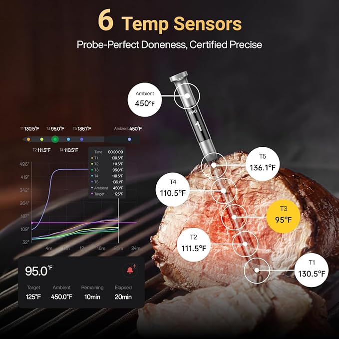 Typhur Sync Gold Wireless Meat Thermometer, Enhanced 10X Sub-1G Signal and Stability, WiFi Unlimited Range, 6 Sensors, Bluetooth Meat Thermometer for BBQ, Oven, Smoker, Grill, Air Fryer, Orange, Gen2