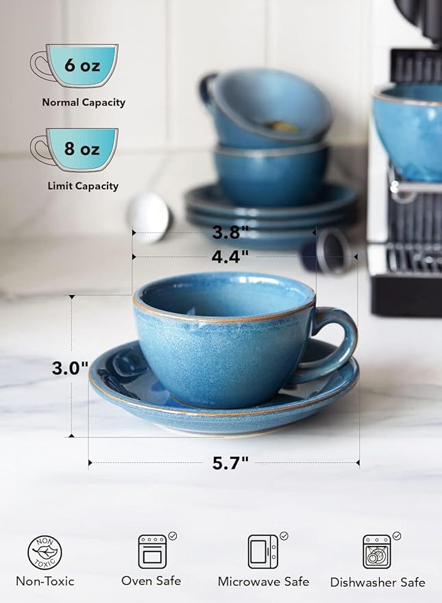LE TAUCI Cappuccino Cups with Saucers 6 oz, Set of 4 Ceramic Coffee Cup and Saucer Set for Latte, Au Lait, Flat White, Mocha, Tea, Embossed Coffee Cups, Ceylon Blue