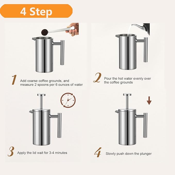 Small French Press 350ml Coffee Maker, Double-Wall Insulated French Press Coffee Press Stainless Steel, Included 2 Extra Fliters and 1 Coffee Spoon (1 cup, 12 OZ)
