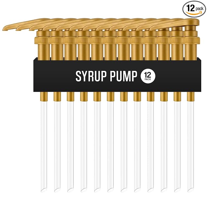 12-Pack Gold Plastic Bottle Syrup Pumps – Fits 750ml / 25.4 oz Bottles – Compatible with Torani & More – IMPORTANT: Will Not Fit Glass Bottles – Coffee Syrup Dispenser. by VIGORPATH