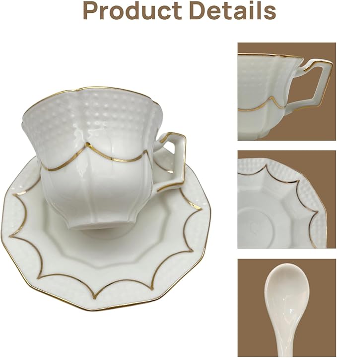 Tea Cup and Saucer Set for 1, Coffee Cup with Saucer and Spoon, Espresso Latte Cup for Women Gift, Dishwasher Safe, 6.8 Oz