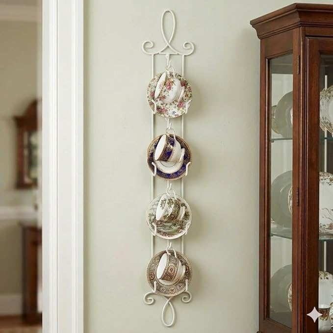 HOHIYA 2Pack Vertical Tea Cup and Saucer Display Rack 36 Inch Wall Mounted Teacup Holder for China Coffee Mugs and Collectible Cups Space-Saving Organizer Holds Up to 8 Cups and Saucers White