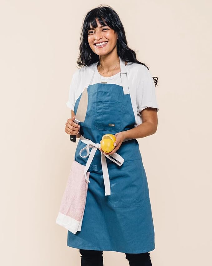 Caldo Daily Cotton Kitchen Apron for Cooking - Mens and Womens Professional Chef or Server Bib Apron - Adjustable Straps with Pockets and Towel Loop (Vintage Blue) - Image 3