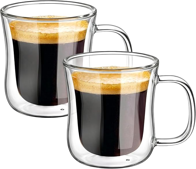 ecooe Espresso Cups 4 Oz Double Walled Glasses Coffee Mugs Set of 2, Clear Glass Coffee Cups with Handle, Insulated Coffee Mug Borosilicate Heat Resistant Double Wall Glass Espresso Coffee Cups