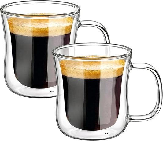 ecooe Espresso Cups 4 Oz Double Walled Glasses Coffee Mugs Set of 2, Clear Glass Coffee Cups with Handle, Insulated Coffee Mug Borosilicate Heat Resistant Double Wall Glass Espresso Coffee Cups