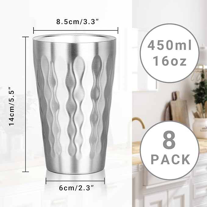 Stainless Steel Double Wall Cups, 16 oz Insulated Tumbler, 8 Pack Unbreakable Stackable Water Tumblers Insulated Metal Cup Premium Drinking Glasses for Travel Camping Home Outdoor