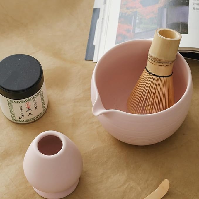 Matcha Whisk Set, Ceramic Matcha Bowl & Whisk Holder, Bamboo Accessory, Modern Design (Matte Crème, Pouring Spout) (Matte Soft Pink)