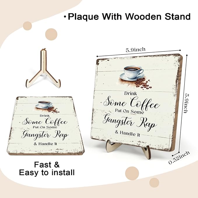 Coffee Bar Sign Plaque for Coffee Station,Vintage Cafe Sign Decor for Kitchen,Cafe Bar Accessories for Farmhouse Kitchen Office(Beige, 5.9x5.9inches)