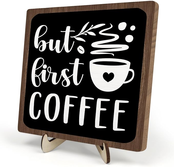 Vintage Coffee Bar Wooden Plaque Desk Sign, Farmhouse Wood Plaque Tabletop Decor for Cafe Bar Kitchen Office,Coffee Station Accessories 5.9x5.9Inch