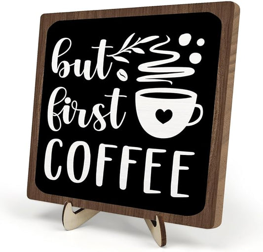 Vintage Coffee Bar Wooden Plaque Desk Sign, Farmhouse Wood Plaque Tabletop Decor for Cafe Bar Kitchen Office,Coffee Station Accessories 5.9x5.9Inch