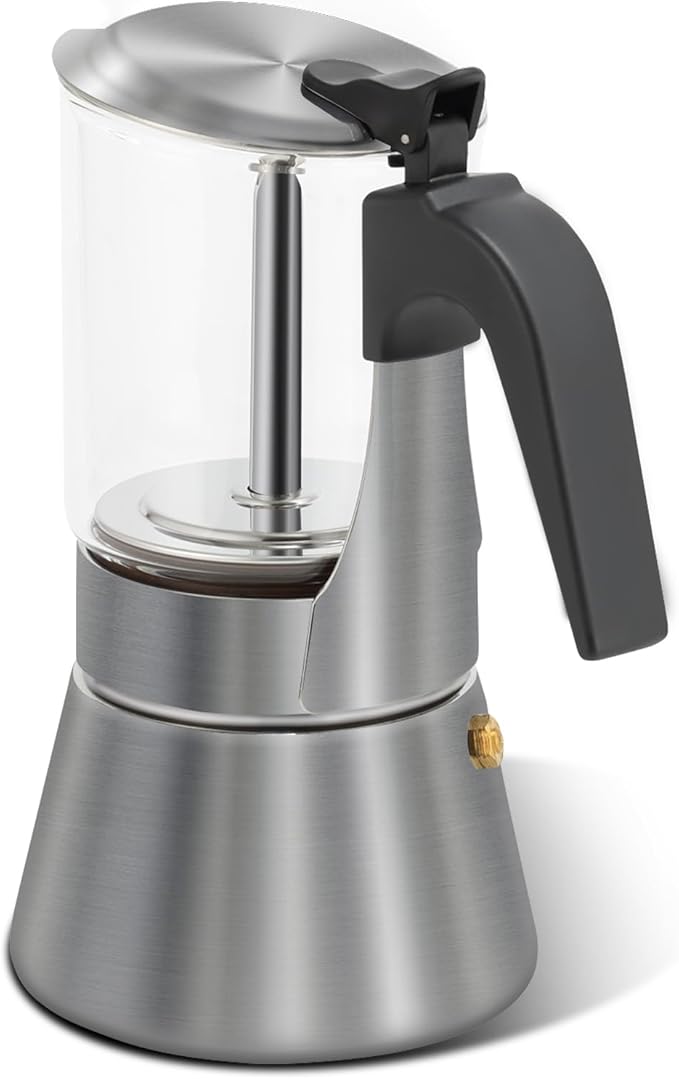 Grasseed Crystal Glass-Top Moka Pot, Polished Stainless Steel Stovetop Espresso Maker for Italian Coffee, Gift for Coffee Lovers - 9 Cup/360ml/12.6oz