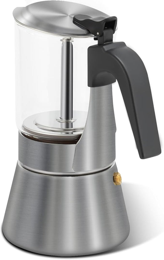 Grasseed Crystal Glass-Top Moka Pot, Polished Stainless Steel Stovetop Espresso Maker for Italian Coffee, Gift for Coffee Lovers - 9 Cup/360ml/12.6oz