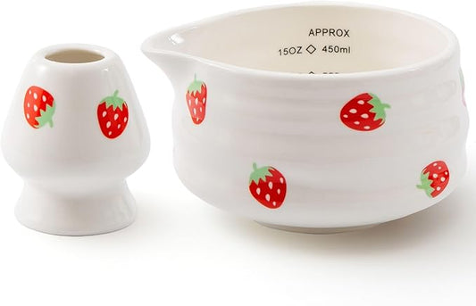 2pcs Matcha Bowl with Whisk Holder, Ceramic Matcha Bowl with Spout, 16.5OZ Porcelain Bowl with Measurement Marks, Tea Mixing Bowl with Whisk Stand, Matcha Gift Set (strawberry)