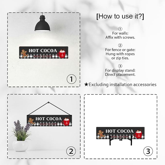 Hot Cocoa Warm Up Here Christmas Metal Sign Vintage Print Art Poster Tin Hanging Plaque for Home Kitchen Patio Yard Office Cafe Coffee Bar Front Door Wall Decor Novelty Gift 16" x 4" - Image 3
