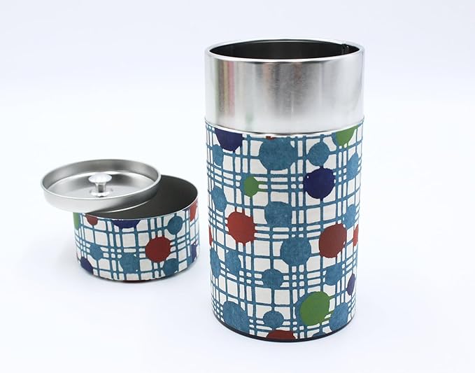 Japanese Pokkan Matcha Coffee Spice Tea Tin Canister Washi Paper Storage with Lid 7.05 oz Capacity (Mizutama Goushi)